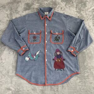 Vintage Big Mac Shirt Womens Medium Blue Chambray Folk Art Hand Painted Ric Rac